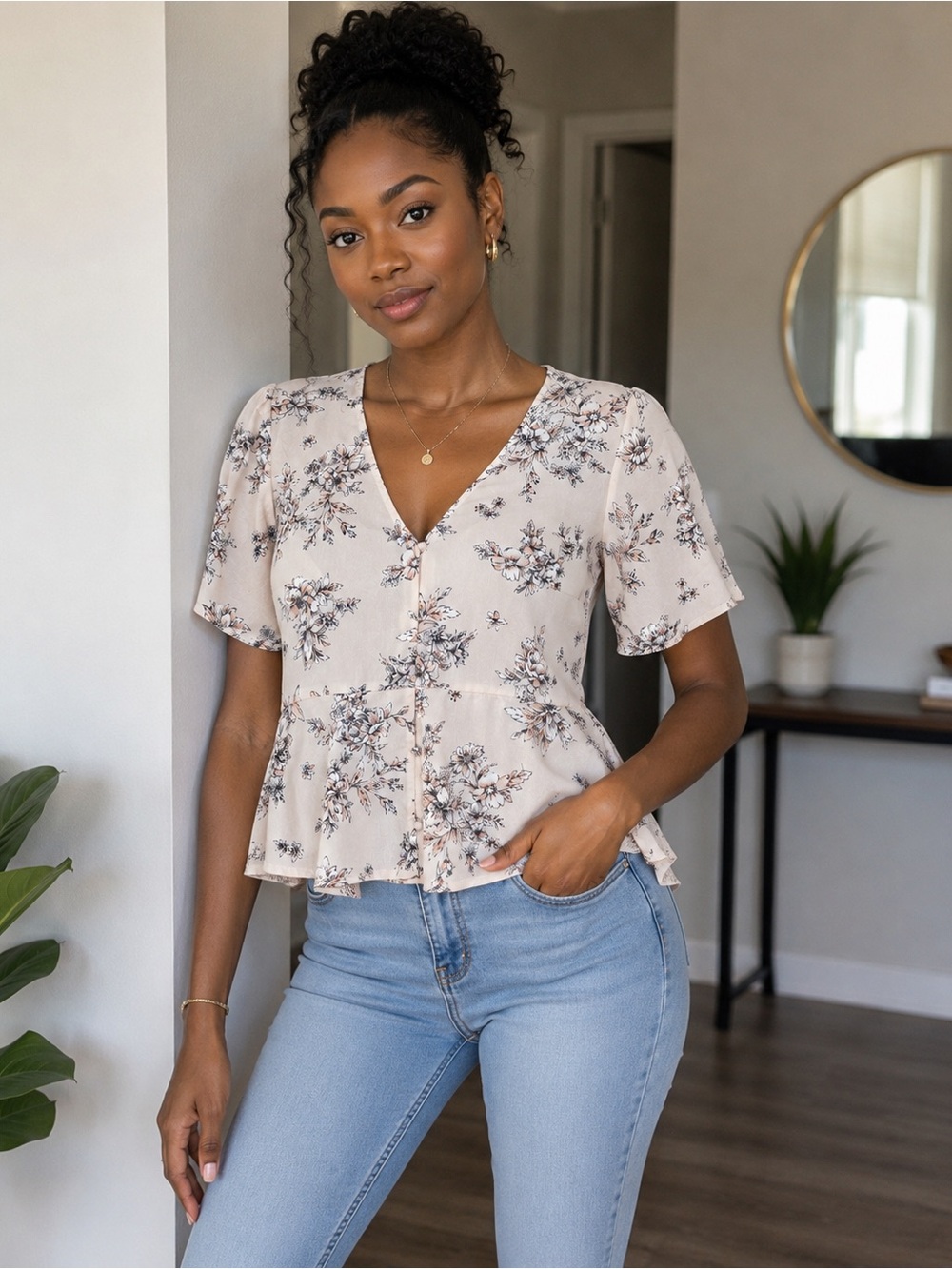 Express Cream Floral Peplum Button-Front Top